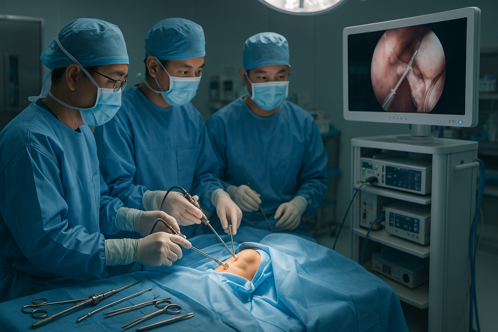 Vietnamese orthopedic surgeons performing arthroscopic ACL reconstruction in a modern sports medicine operating room, using advanced instruments and a high-tech arthroscopy tower.