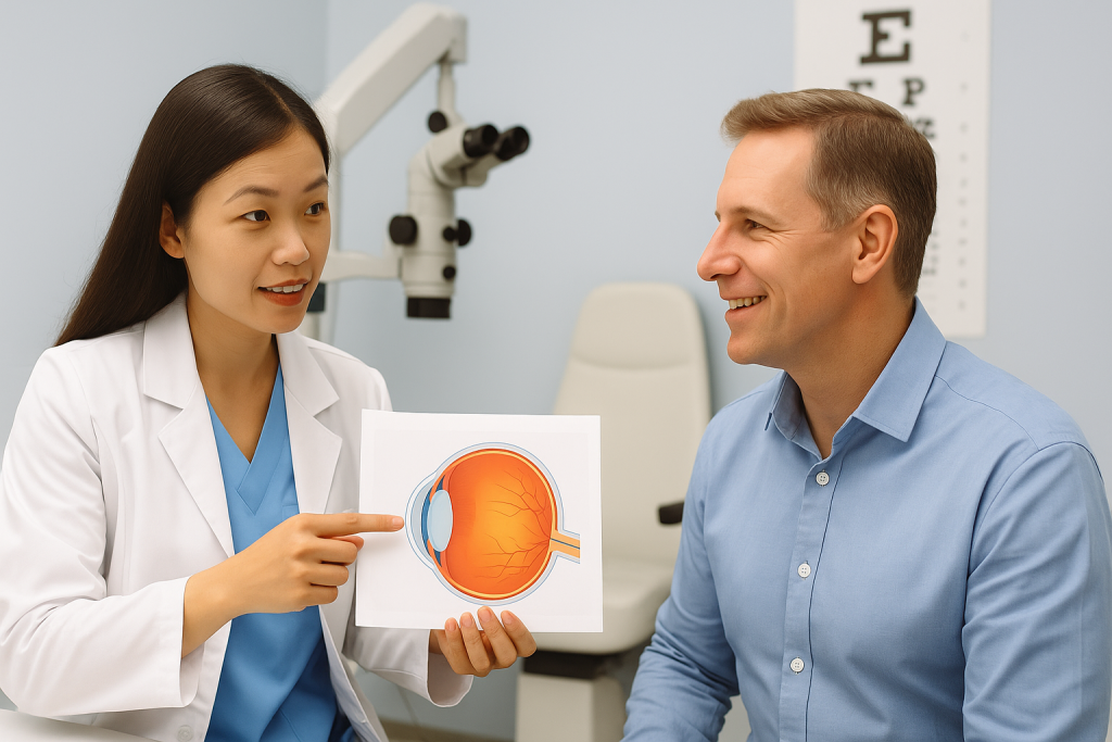 A Vietnamese female eye doctor explains an eye diagram to a Western male patient in a bright ophthalmology clinic, both engaged in friendly consultation.