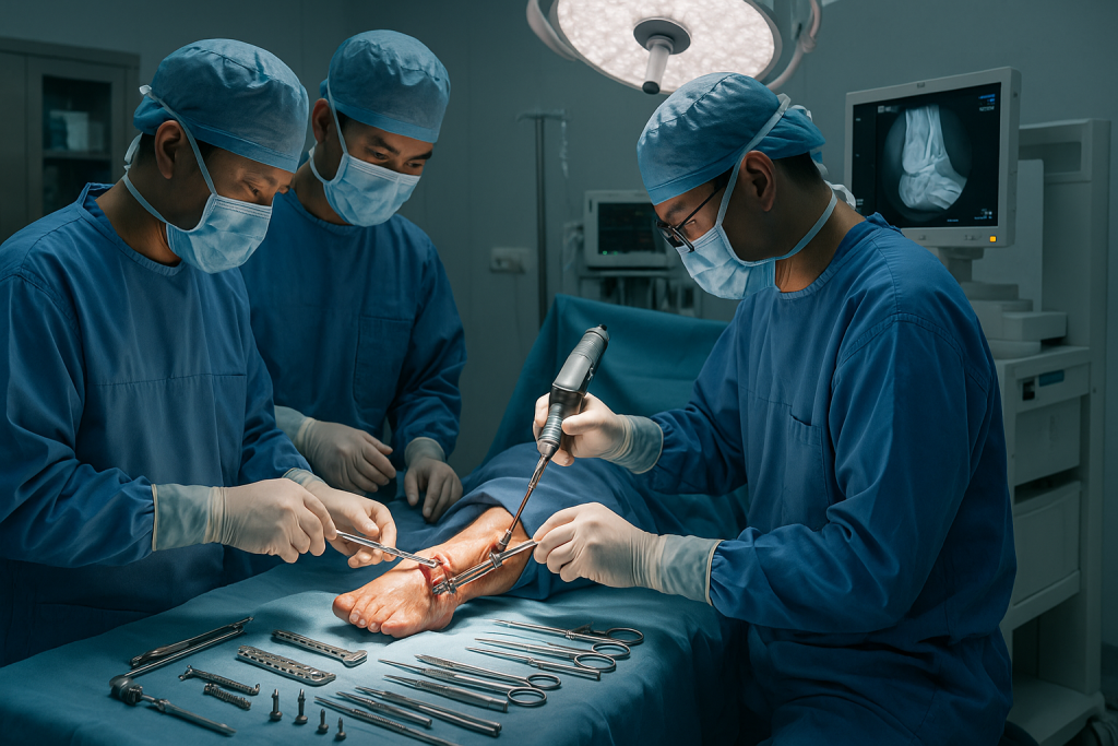 Vietnamese orthopedic surgeons performing an ankle fusion procedure using screws and plates in a modern operating room with advanced imaging equipment.