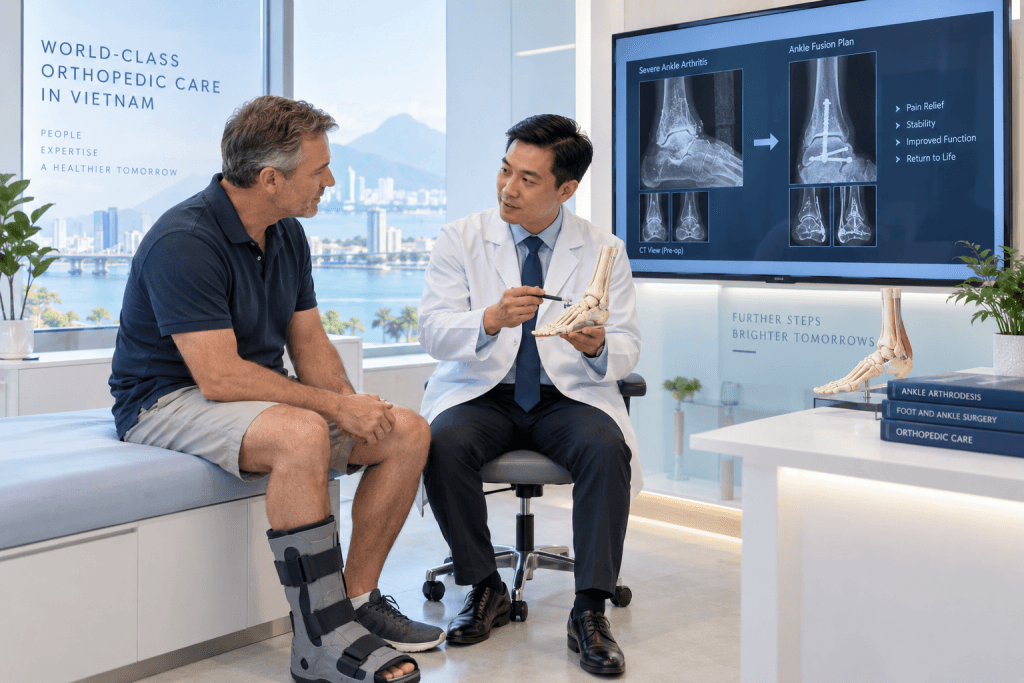 Ankle fusion in Vietnam consultation with an orthopedic surgeon explaining ankle arthrodesis surgery and recovery to an international patient.