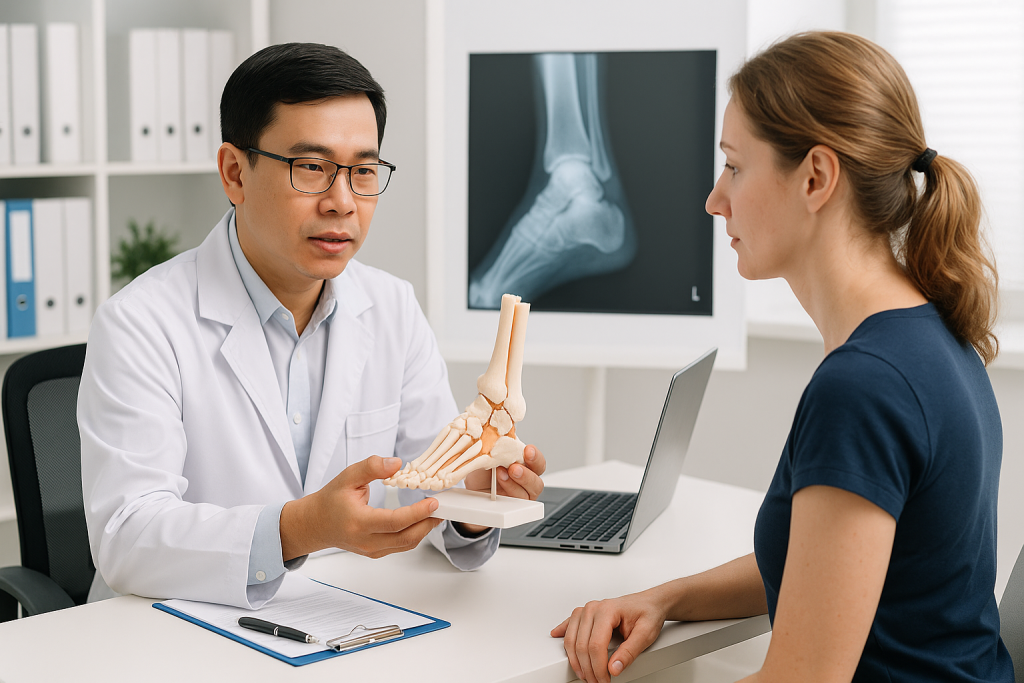 Vietnamese orthopedic doctor explaining ankle anatomy to a European female patient using a detailed foot model during a consultation in a modern clinic.