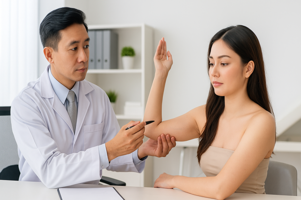 Asian plastic surgeon consulting with patient about arm lift surgery in a modern clinic in Vietnam