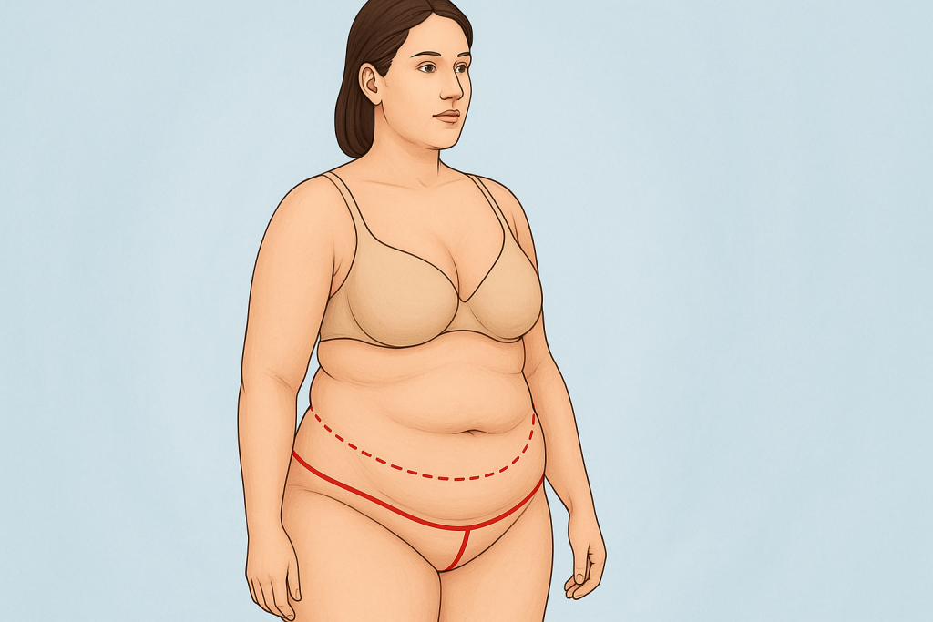 A realistic 2D medical illustration of a woman with abdominal and lower body skin laxity, showing red surgical markings for a 360-degree belt lipectomy.