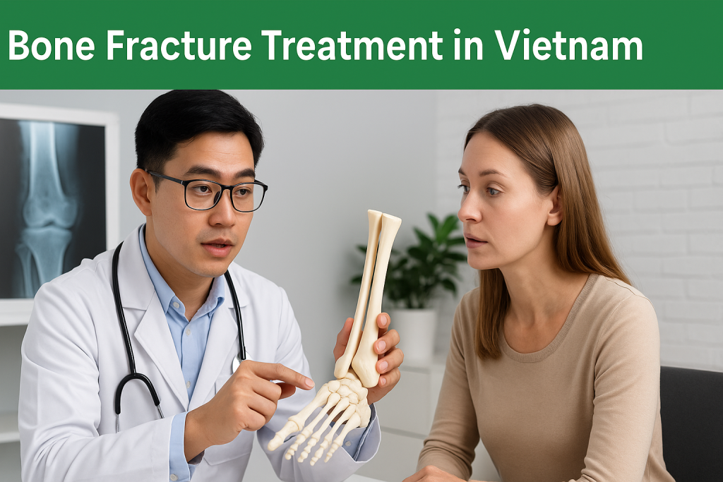 Vietnamese orthopedic doctor showing a detailed leg and foot bone model to a European female patient during a consultation in a modern medical clinic.