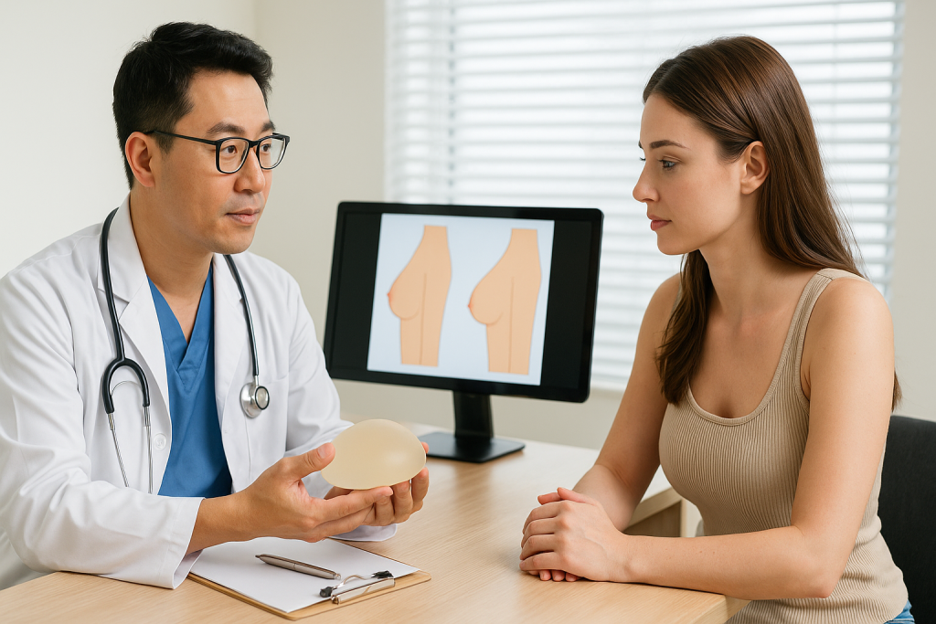 Plastic surgeon consulting with patient about breast augmentation procedure in Vietnam.