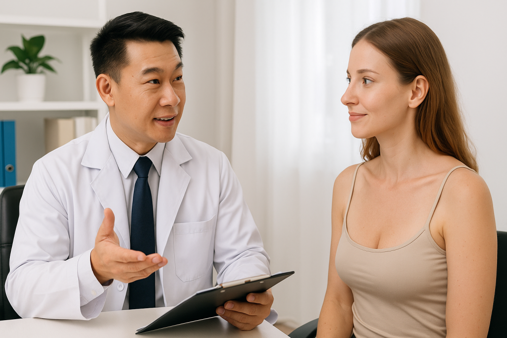 A Vietnamese male doctor in a white coat consulting with a European female patient in a modern medical office.