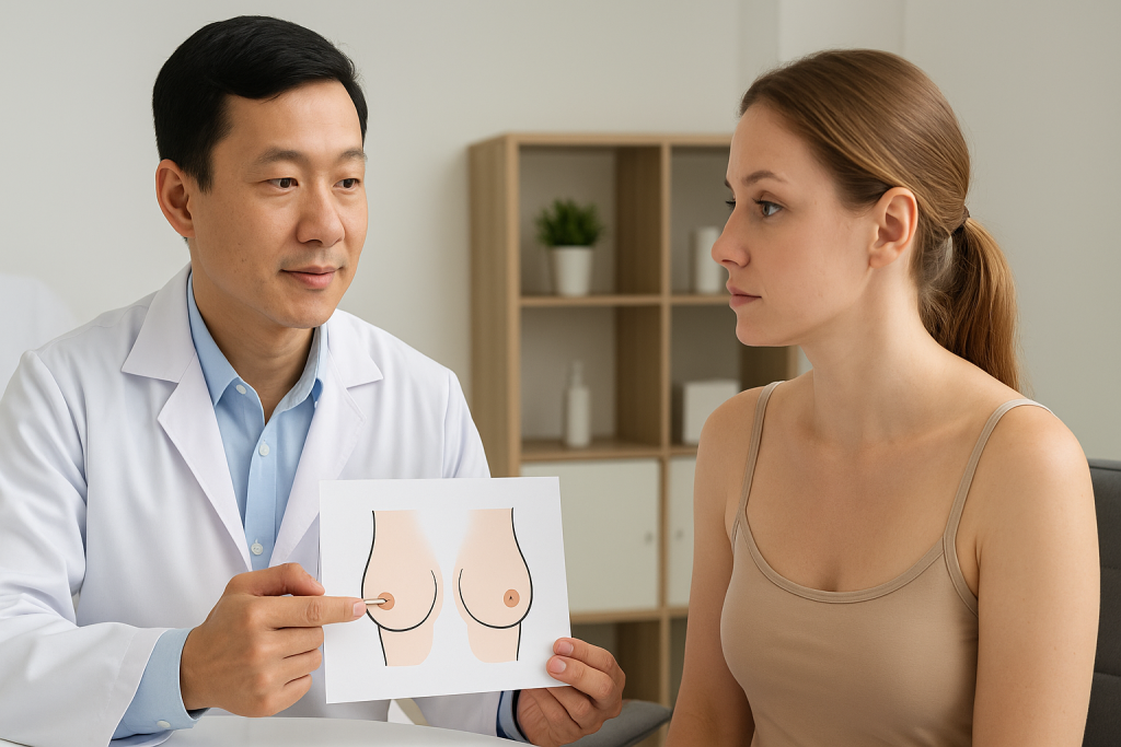 Plastic surgeon explaining breast lift procedure to patient in a modern clinic in Vietnam.