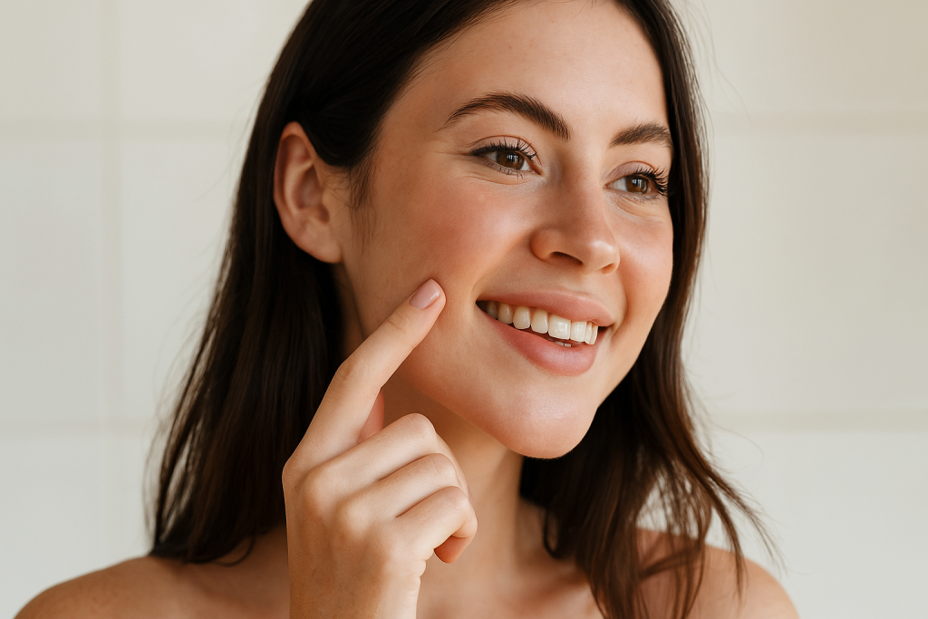 A high-resolution photo of a smiling European woman gently touching her cheek, highlighting natural facial contours before cosmetic treatment.