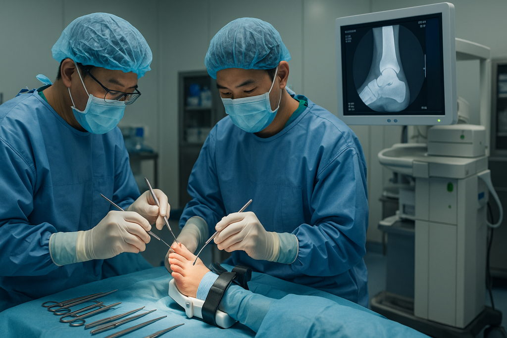 Vietnamese orthopedic surgeons performing bunion correction surgery using minimally invasive instruments and fluoroscopy guidance in a modern operating room.