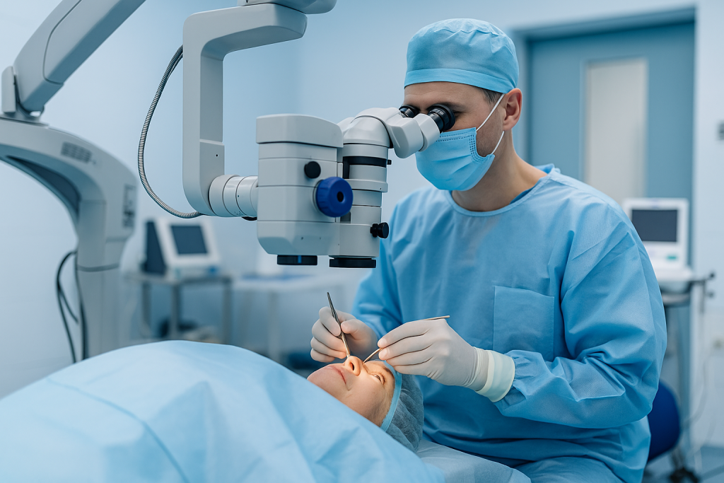 Ophthalmologist performing cataract surgery in Vietnam using modern phacoemulsification technology