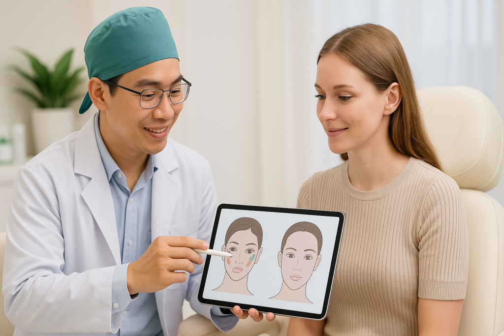 Vietnamese cosmetic surgeon explaining cheek augmentation options to a European female patient using a digital facial diagram during a consultation in a modern clinic.