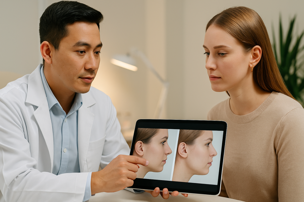 Vietnamese plastic surgeon showing a before-and-after chin augmentation simulation on a tablet to a European female patient in a modern clinic.