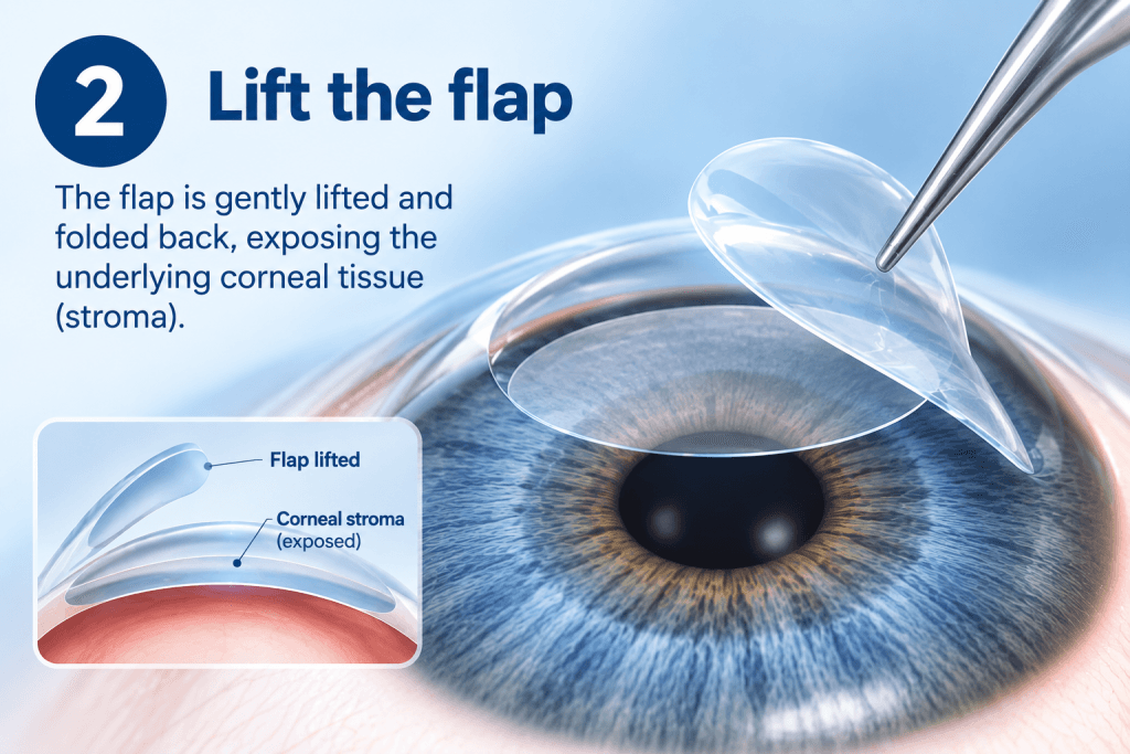 Delicate lifting of the transparent corneal flap exposing underlying stroma for LASIK