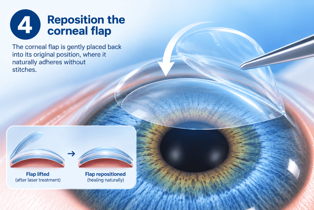 Natural repositioning of the corneal flap for seamless recovery after laser eye surgery