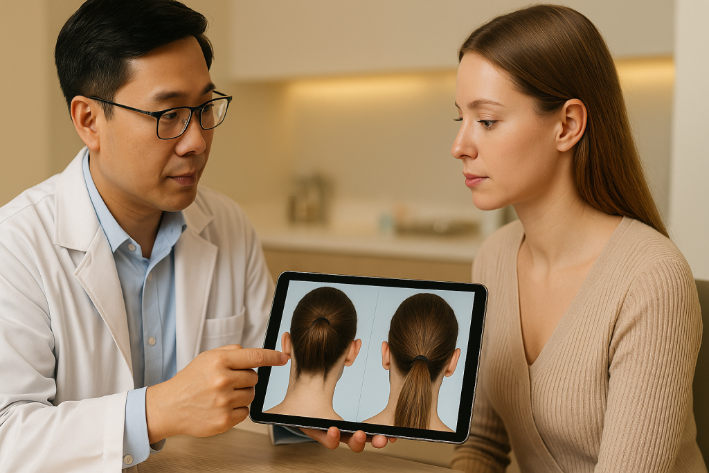 Vietnamese plastic surgeon showing a before-and-after cosmetic ear surgery simulation on a tablet to a European female patient during consultation.