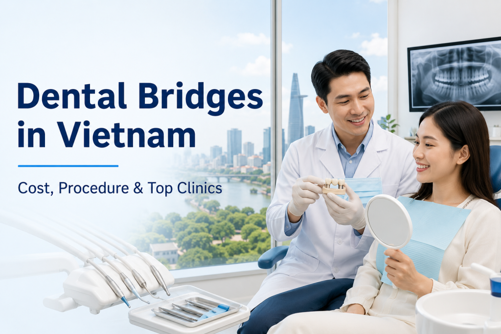 Dental bridges in Vietnam with a dentist showing a dental bridge restoration to a smiling patient in a modern dental clinic.
