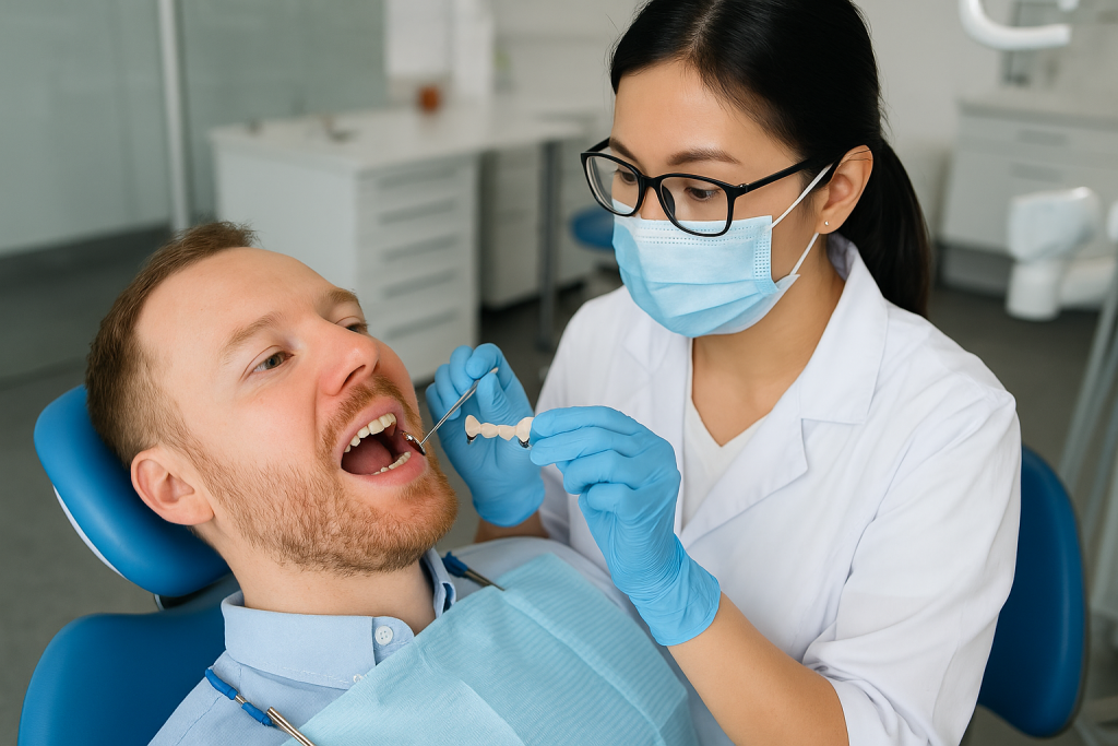 Vietnamese dentist fitting a dental bridge for a patient in a modern clinic in Ho Chi Minh City, Vietnam.