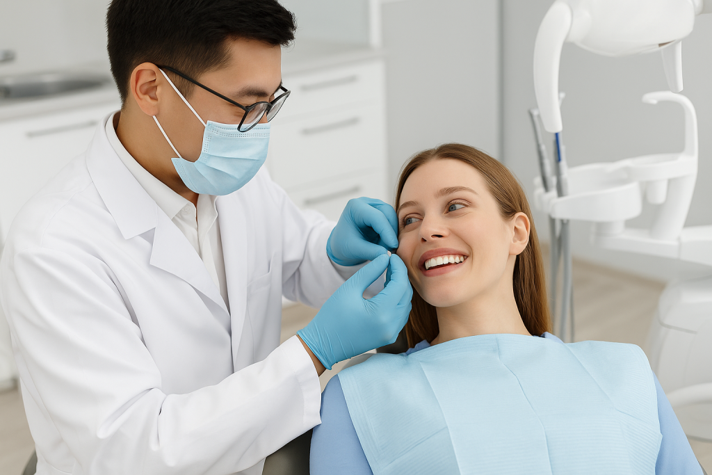 Vietnamese dentist placing a zirconia dental crown for a smiling patient in a modern clinic in Ho Chi Minh City, Vietnam.