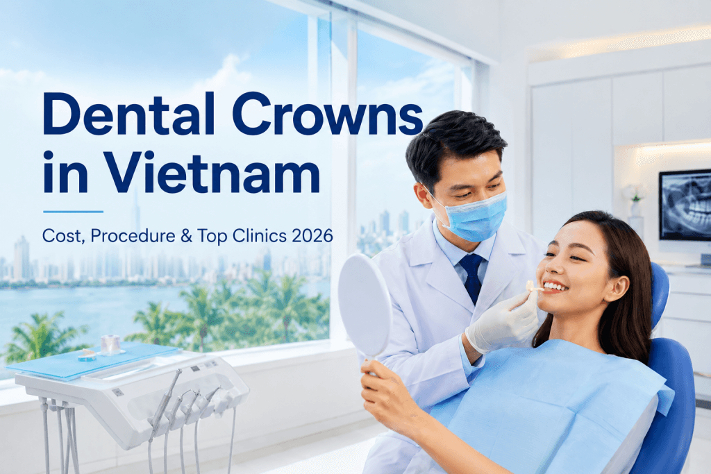 Dental crowns in Vietnam with a dentist fitting a natural-looking crown for an international patient in a modern dental clinic.