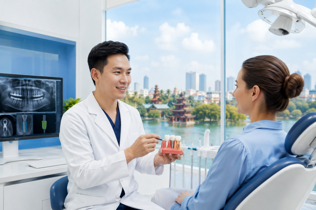 Dental implants in Vietnam with a Vietnamese dentist consulting an international patient in a modern dental clinic