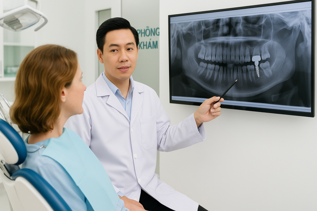 Vietnamese dentist consulting with a foreign patient about dental implants in a modern dental clinic in Vietnam.