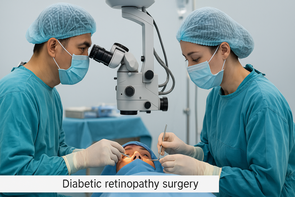 Ophthalmologists performing diabetic retinopathy surgery using a surgical microscope in a modern eye operating room