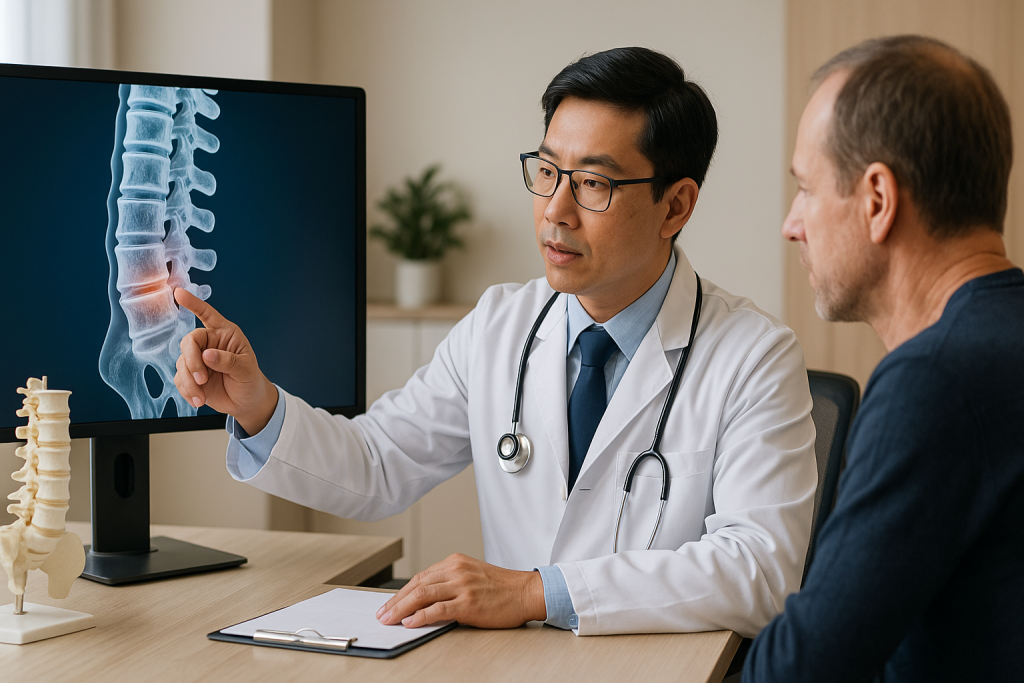 Vietnamese spine specialist explaining a herniated disc on a digital spine scan to a European patient during a consultation in a modern medical clinic.