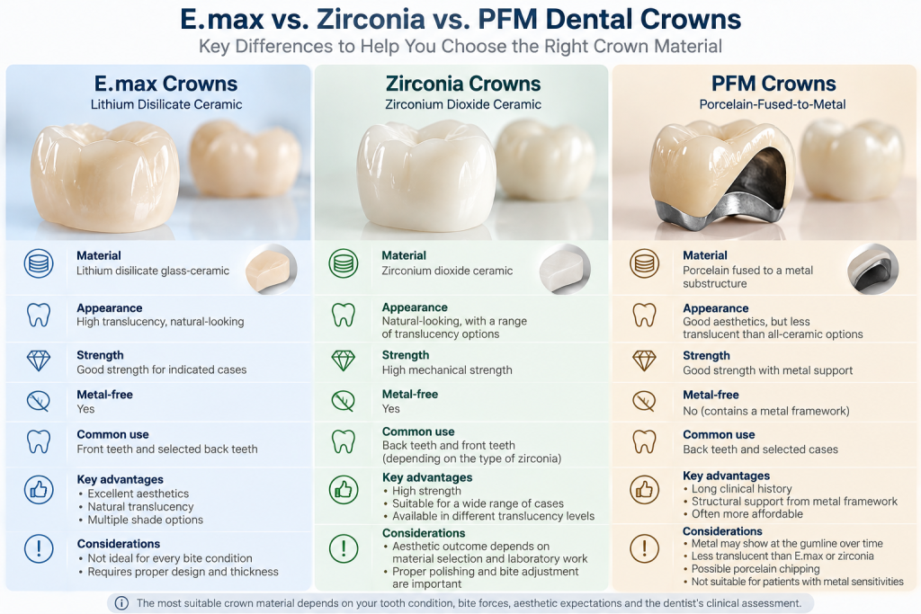 Comparison of E.max, zirconia and porcelain-fused-to-metal (PFM) dental crowns, showing material structure, appearance and strength.