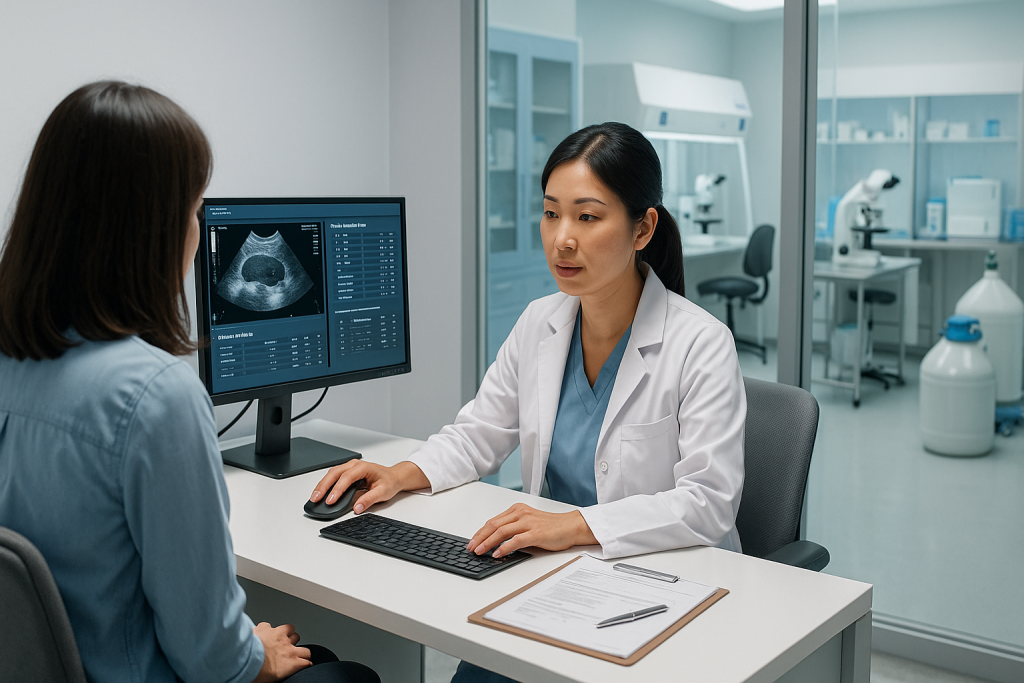 Egg freezing consultation and advanced IVF laboratory technology in a modern fertility clinic in Vietnam.