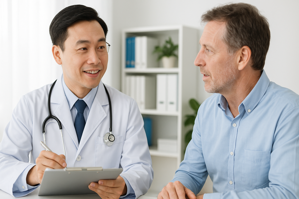Vietnamese doctor consulting an international patient in a modern clinic, reviewing medical information together in a clean and professional healthcare setting.