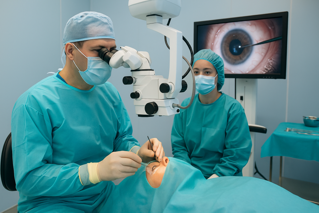 urgeon performing eye muscle surgery in a modern operating room in Vietnam.