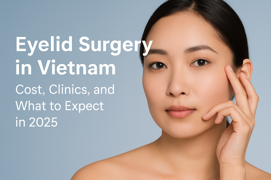A young East Asian woman with flawless skin gently touches her eyelid, symbolizing eyelid surgery in Vietnam in 2025.