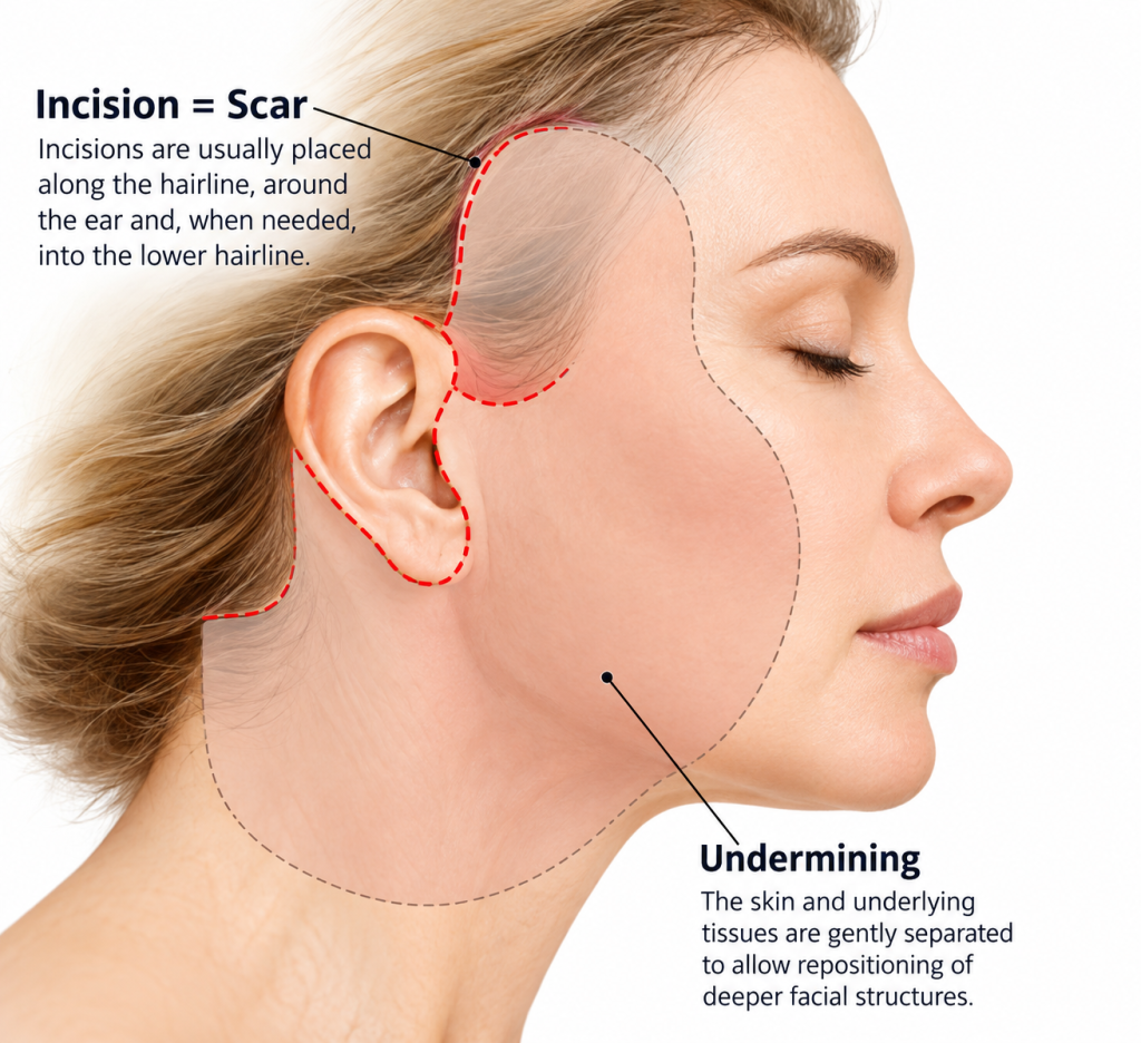 Face Lift in Vietnam – Facelift Incision and Tissue Undermining Illustration