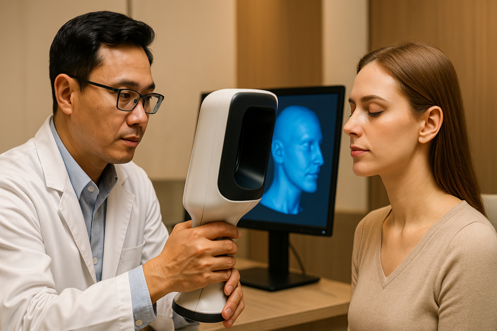 Vietnamese plastic surgeon using a high-tech 3D facial scanning device to analyze a European female patient's facial structure, with a 3D model displayed on a monitor.