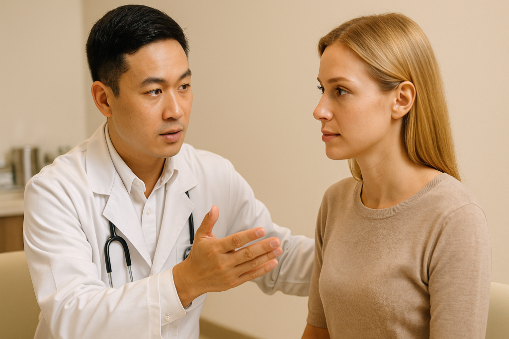 Vietnamese doctor consulting with a European female patient in a modern clinic setting.