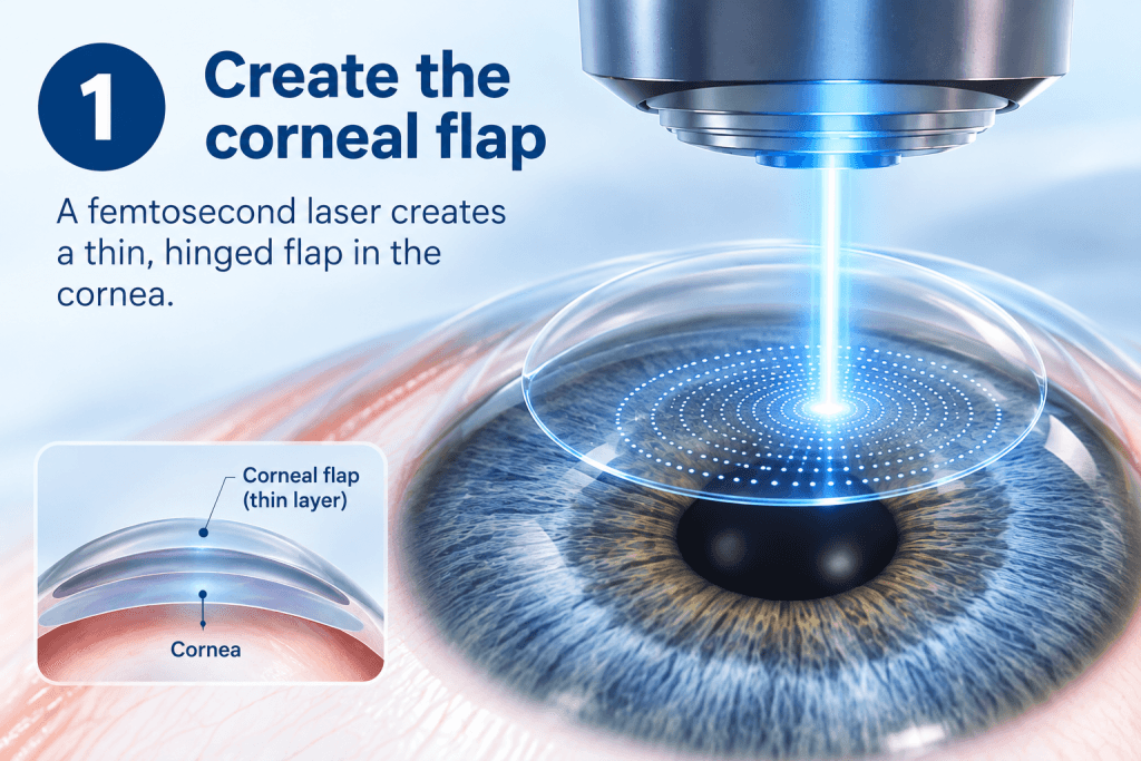3D medical animation showing femtosecond laser flap creation during LASIK surgery in Vietnam
