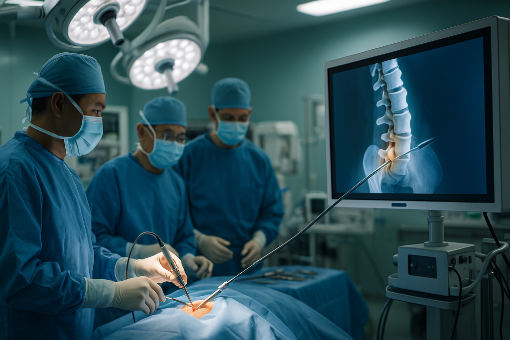 Vietnamese spine surgeons performing minimally invasive foraminotomy using advanced imaging technology in a modern operating room