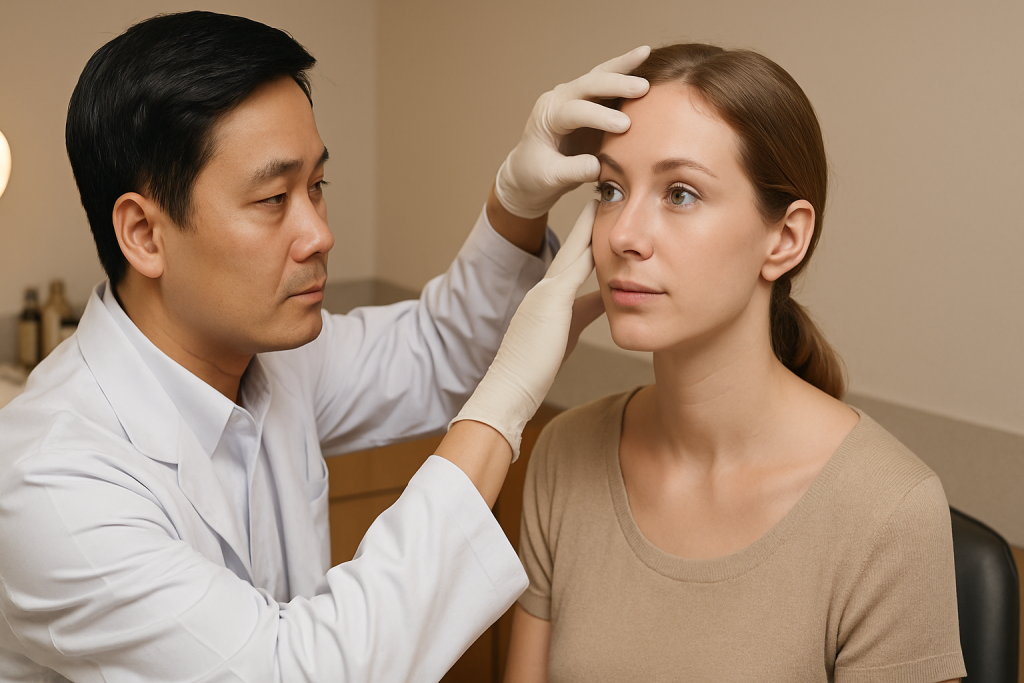 Vietnamese plastic surgeon examining a European female patient’s forehead and brows during a cosmetic consultation in a modern clinic.