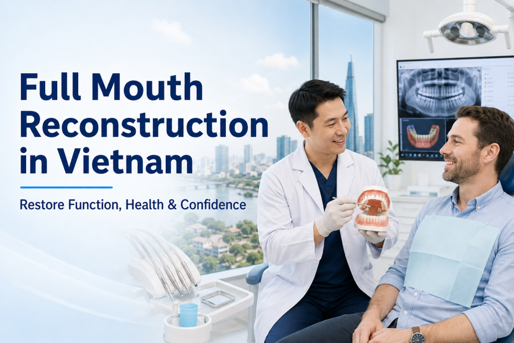 Full mouth reconstruction in Vietnam with a dentist explaining a comprehensive dental restoration plan to an international patient in a modern clinic.