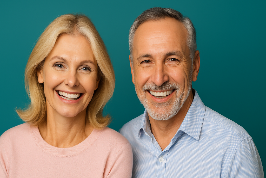 Smiling middle-aged couple showing confident smiles after full mouth reconstruction in Vietnam