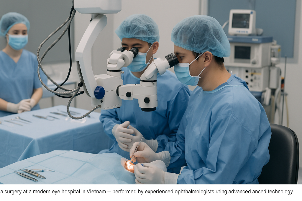 Surgeons performing glaucoma surgery in a modern eye operating room in Vietnam using advanced surgical microscopes.