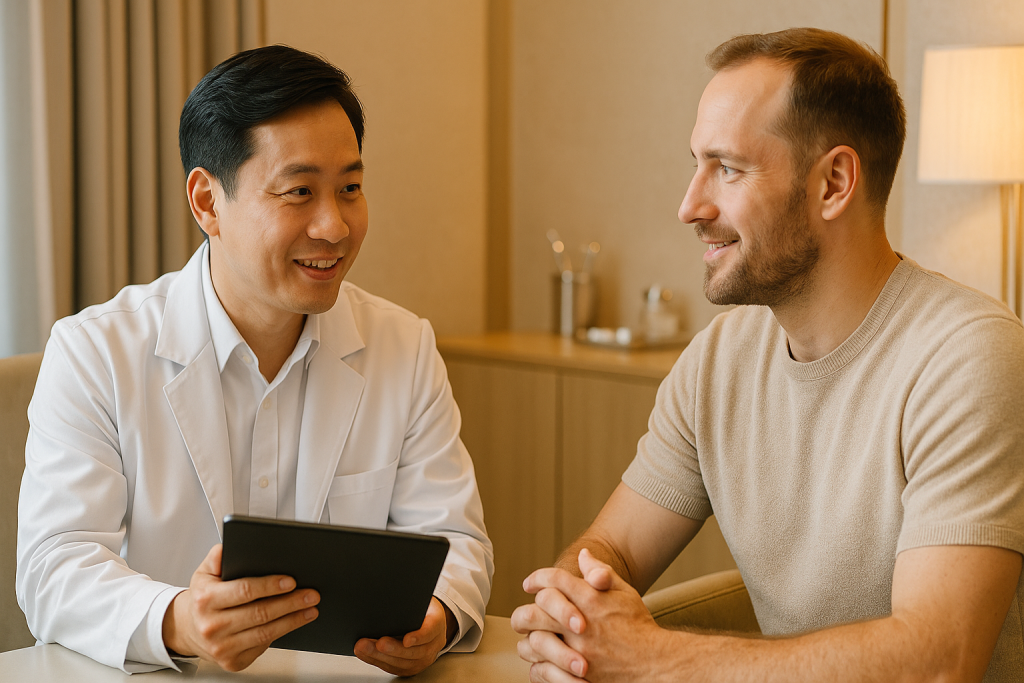 Vietnamese doctor warmly consulting with a European male patient in a premium aesthetic clinic, reviewing treatment options on a tablet