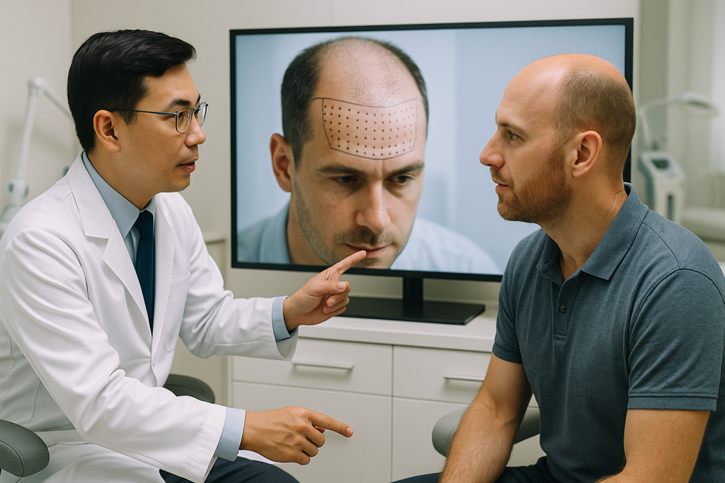 Vietnamese doctor explaining a hair transplant plan to a European male patient with visible hair loss in a modern, well-lit clinic.