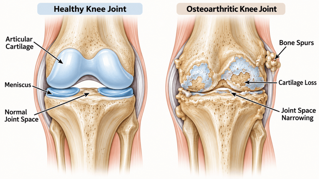 Comparison illustration of a healthy knee joint and a knee joint with severe osteoarthritis showing cartilage loss and bone spurs.