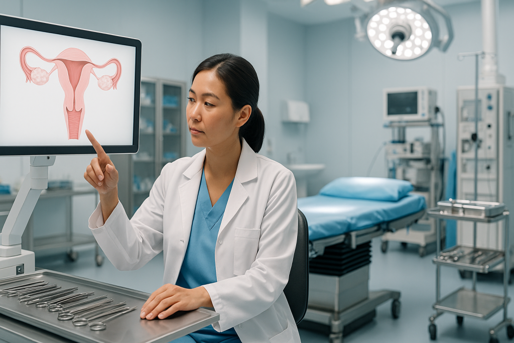 Hysterectomy preparation in a modern gynecology operating room at an international-standard hospital in Vietnam.