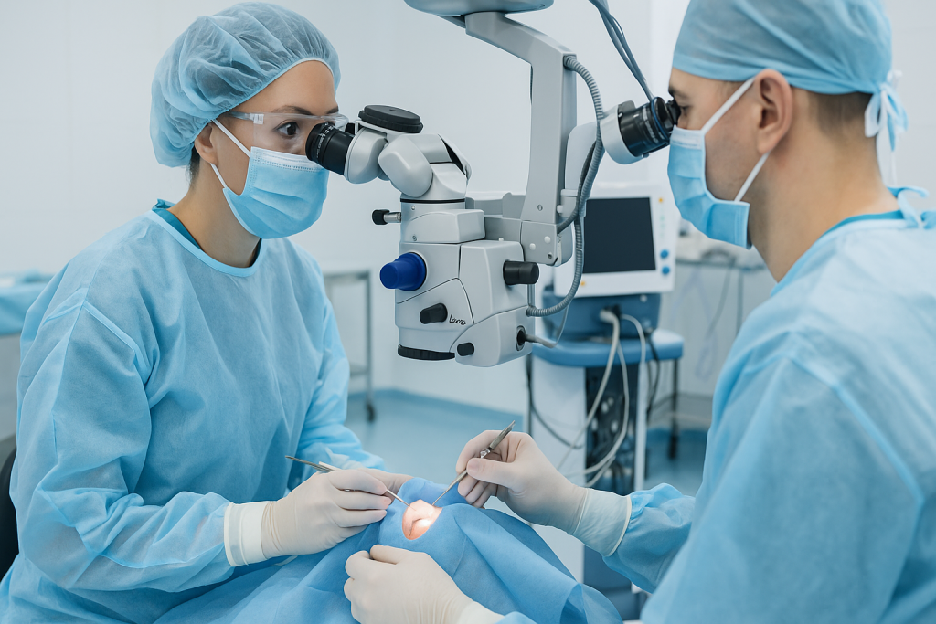Ophthalmic surgeons performing ICL surgery with a microscope in a modern eye operating room in Vietnam.
