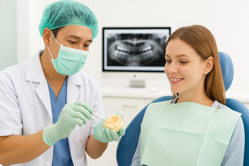 Vietnamese dentist explaining an inlay or onlay restoration using a dental model to a European patient in a modern clinic in Vietnam.