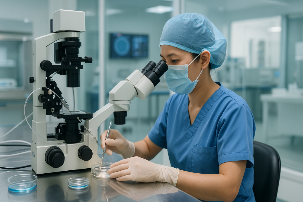 ICSI procedure preparation in a modern fertility and IVF laboratory in Vietnam