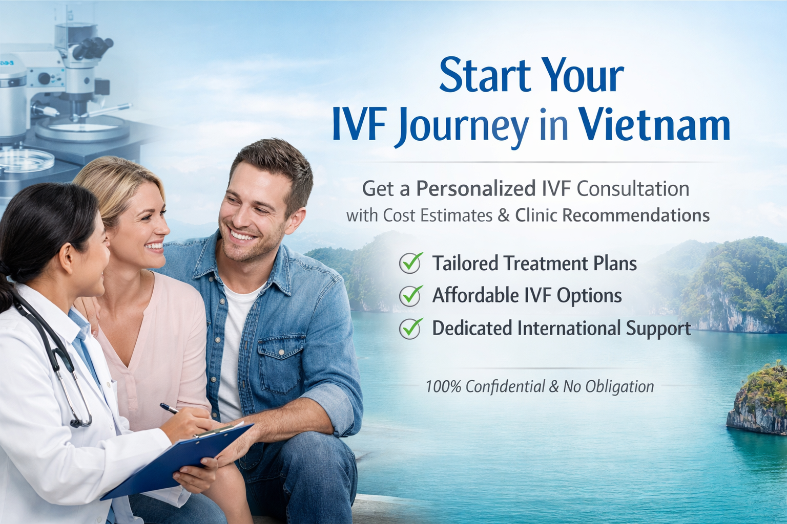 IVF treatment in Vietnam consultation with doctor and couple, highlighting affordable fertility care and international patient support