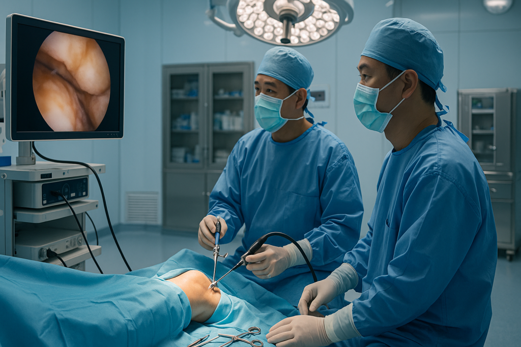 Vietnamese orthopedic surgeons performing minimally invasive knee arthroscopy using advanced arthroscopic equipment in a modern operating room